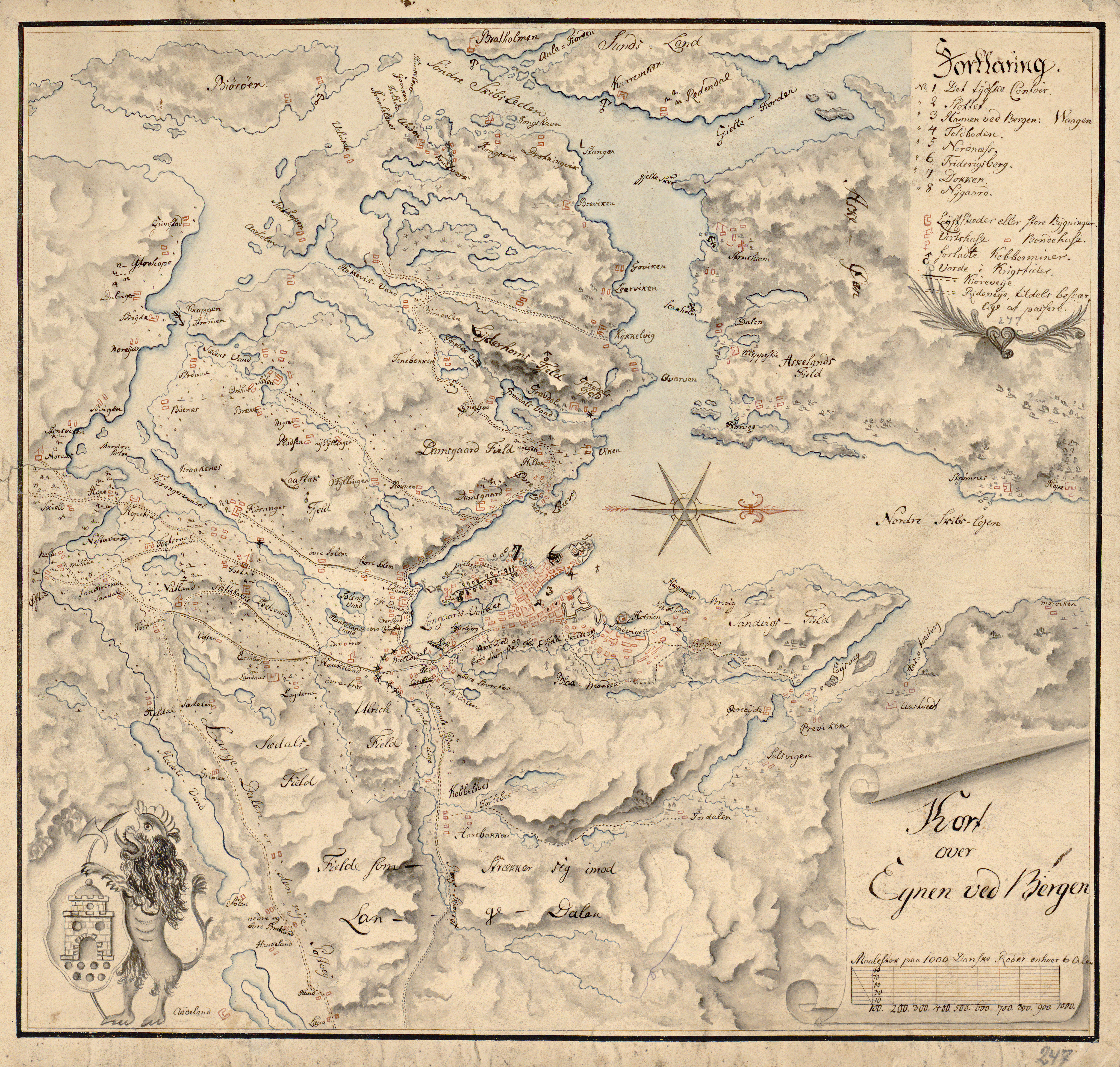 Håndtegnet kart over Bergen med omegn
