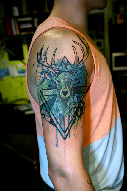 watercolor geometric stag tattoo