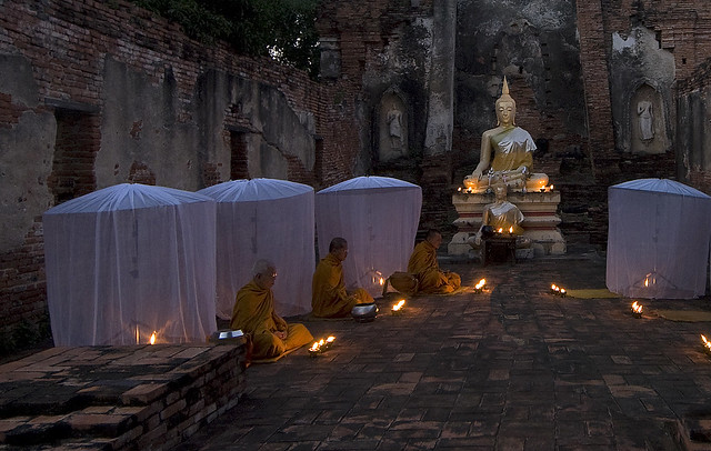Buddhist monks at evening prayers--Ayuthaya , Thailand