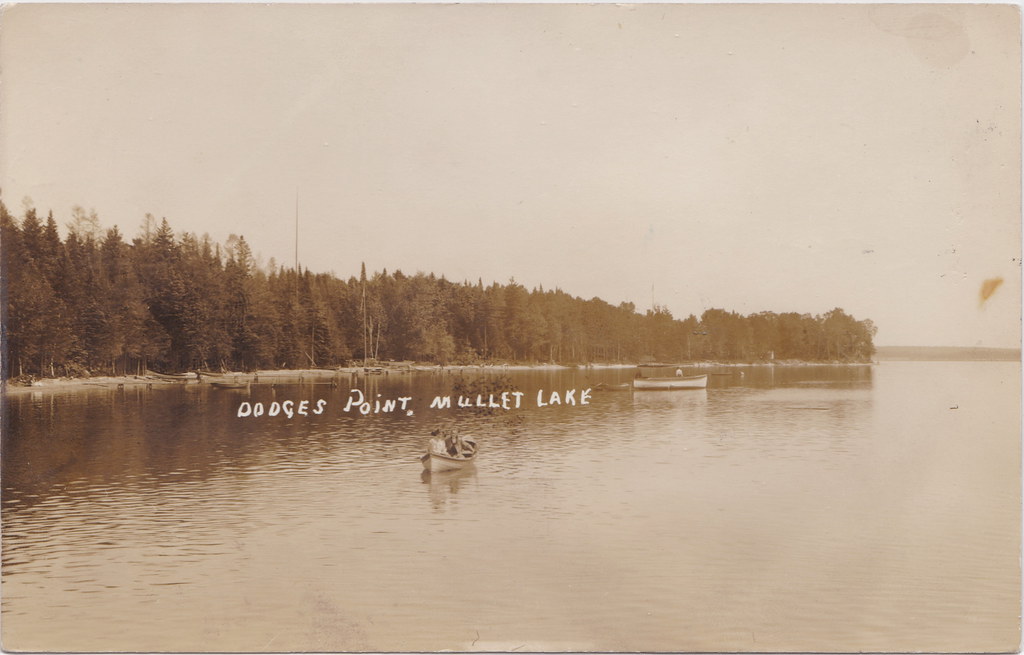 NE Mullett Lake Cheboygan MI 1914 RPPC Waterfront Beach Boating and Siteseeing on a Small Excursion Ferry AT DODGES POINT on the North end of Mullett Lake near Mullett Lake Country Club