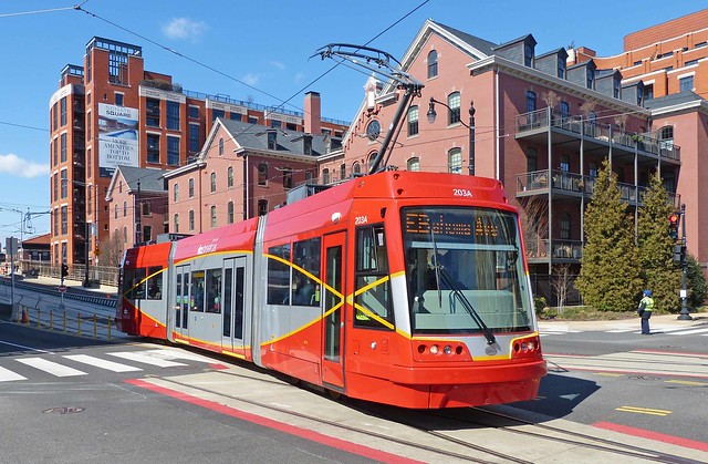 Washington DC Streetcar - Opening Day Feb 27, 2016: Car 203 leaving the terminal stub at H and 3rd Streets NE