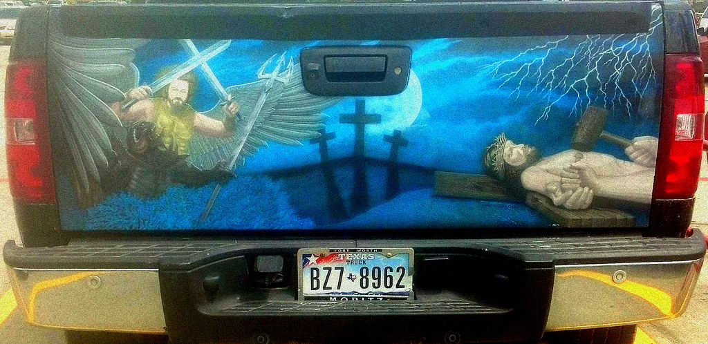Custom paint job on a Texas Christian fundamentalist pickup truck