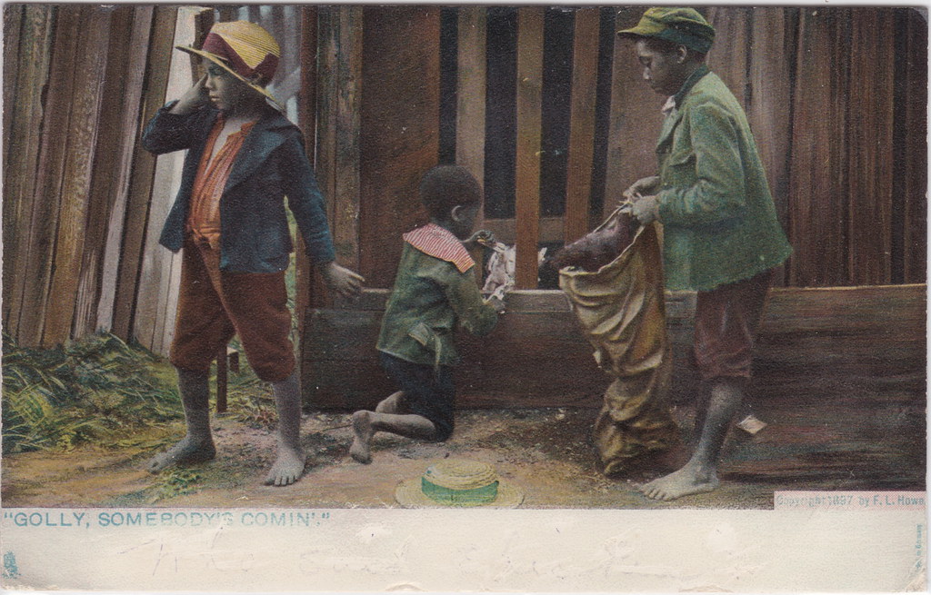 Black Americana Antique Postcard 1897 GOLLY SOMEBODYS COMIN Thieving Chicken Stealing Boys with stolen Chickens Artist Signed F.L. Howe Publisher Raphael Tuck & Sons Card1098