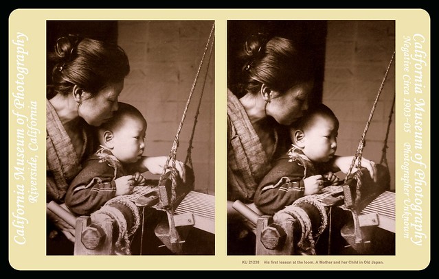 MOTHER AND CHILD AT THE LOOM -- A  3-D Portrait from OLD JAPAN