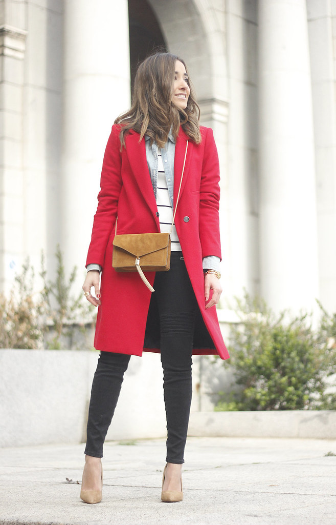 Red Coat Stripped sweater denim shirt nude heels outfit st…