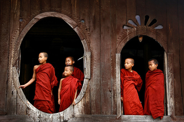 Novice buddhist monks in Shwe Yan Pyay Monastery, Myanmar