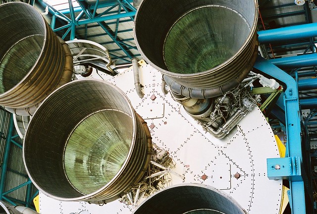 The main stage of a Saturn 5 rocket system, Kennedy Space Centre, FL.