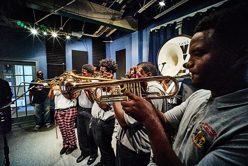 Martin Luther King Charter School brass band at WWOZ for Cuttin' Class. Photo by Eli Mergel