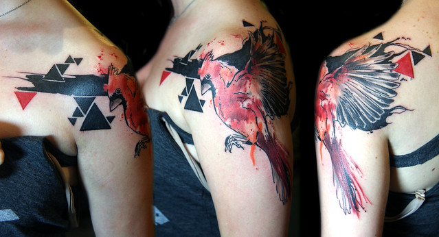 geometric watercolor tattoo cardinal