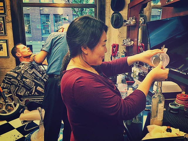 It's crucial to mix that perfect balance of soap and water for the lather machine, and no one does it better than Noriko! 👌 💈 ⚗ #barber #barbershop #chemistry #mixology #toolsofthetrade #norikothebarber #farzadsbarbershop #barberlife