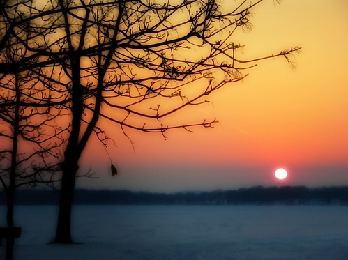 sunset lakewaubesa mcfarland wisconsin trees snow winter lake frozen solitude sky orange purple blue silhouette sun