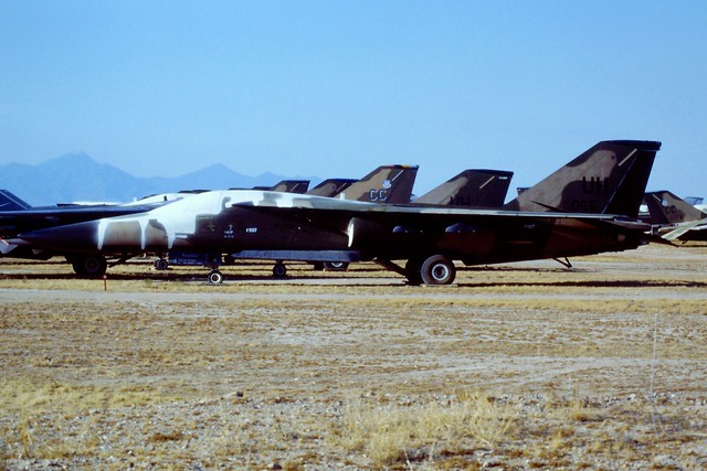 F-111E 68-0065/UH ex 55FS/ 20FW USAFE. Stored Davis-Monthan AFB AMARC (AMARG). July 1997. (AMARC code FV187)