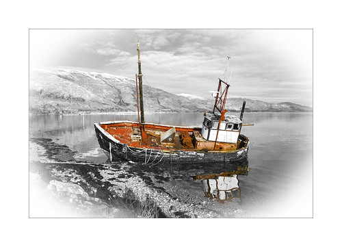 art fishing boat derelict abandoned broken decay flooded wreck scotland lochfynne