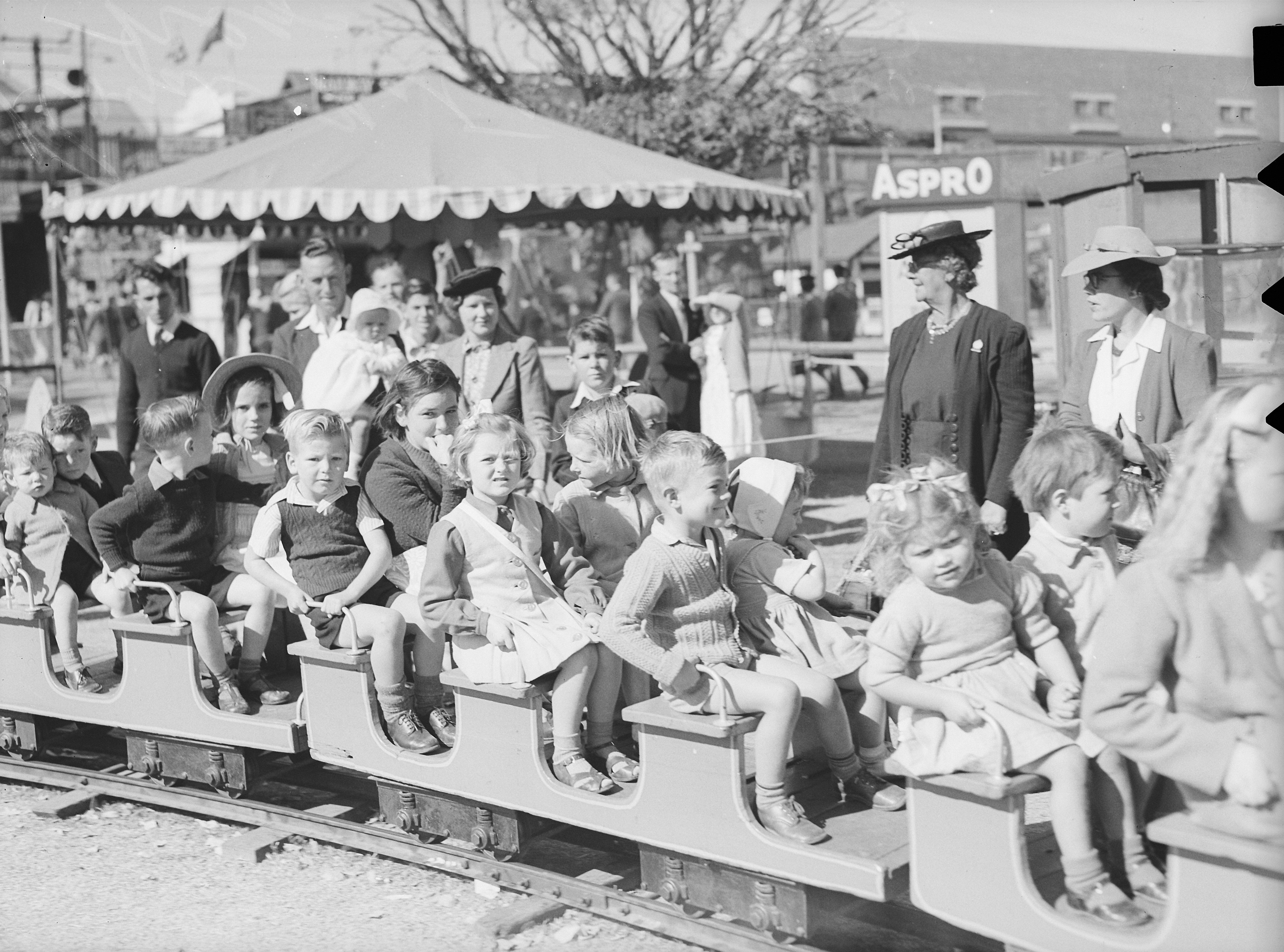 Children on miniature train at the Brisbane Exhibition 1947