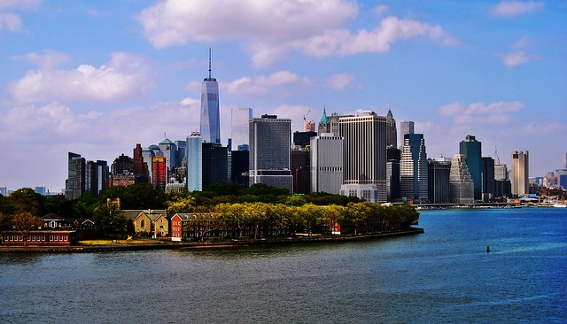 Lower Manhattan with Governors Island in the foreground