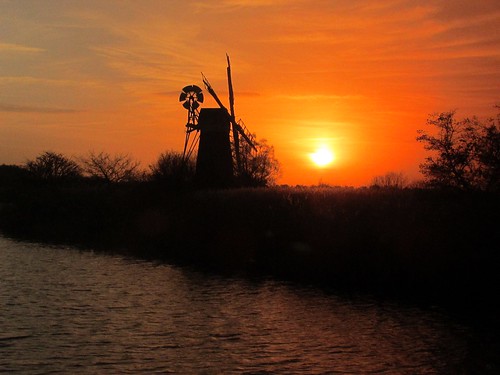 sunset orange reflection water windmill silhouette river norfolk broads broadland