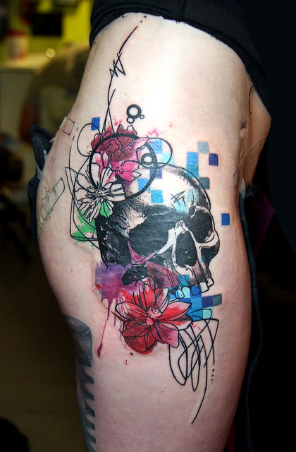 abstract watercolor skull tattoo