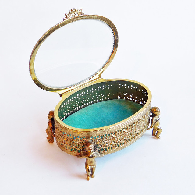 Vintage Hollywood Regency 1960s Filigreed Brass and Beveled Glass Jewelry Casket
