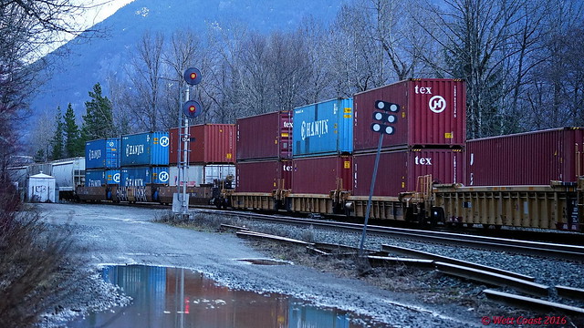 Mixed freight with containers, empty grain & pellet cars is being readied for departure east bound from rail yards @ Terrace, BC, on CN's BC North mainline - 20 February 2016 [© WCK-JST]