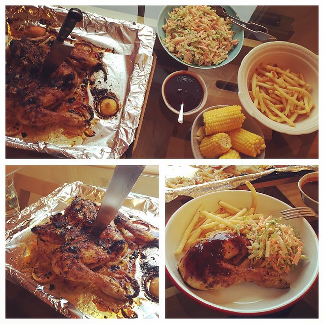 #Homemade #Nandos with a #spatchcock #chicken, #chips, #coleslaw and amazing #homemade #bbqsauce. Thanks @jimmylefish