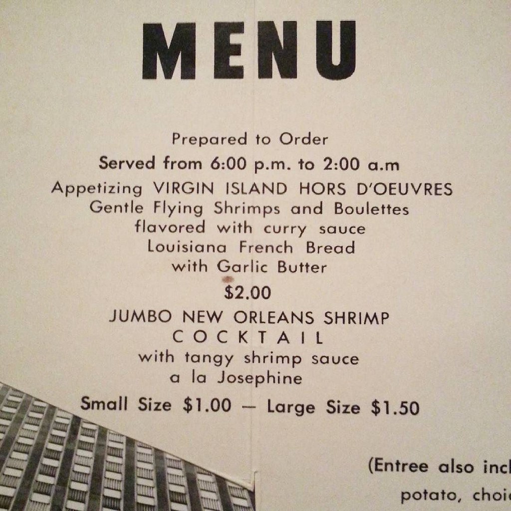 Jumbo New Orleans Shrimp Cocktail with tangy shrimp sauce a la Josephine Small size 1 $ / Large size 1.5 $ #vintage #vintagemenu #menu #newyork #1960s