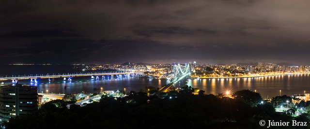 The Hercilio Luz Bridge at night, Florianopolis, Brazil.