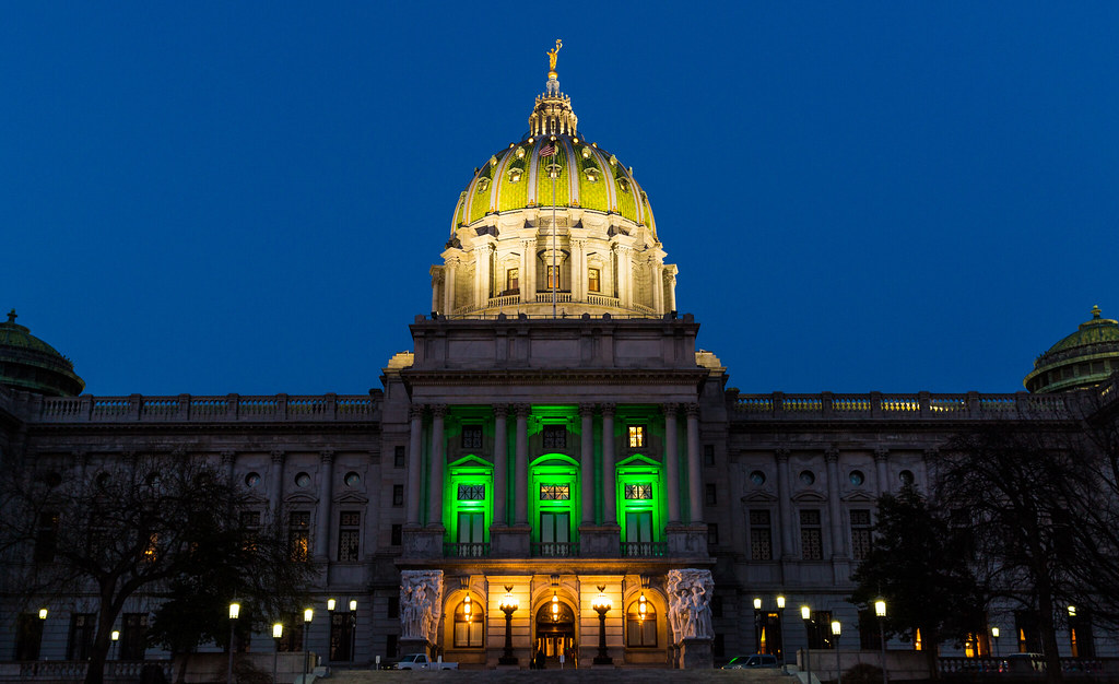 Pennsylvania State Capitol Lit to Celebrate Passing of Medical Marijuana Legislation in the House. Photo by Governor Tom Wolf; (CC BY 2.0)