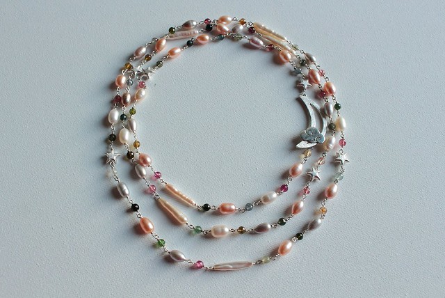 silver necklace, freshwater pearl and tourmaline created by flavio calcagnini