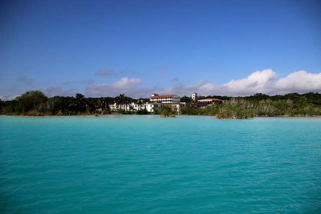 An abandoned hotel complex at Laguna Bacalar. Quintana Roo State. Mexico