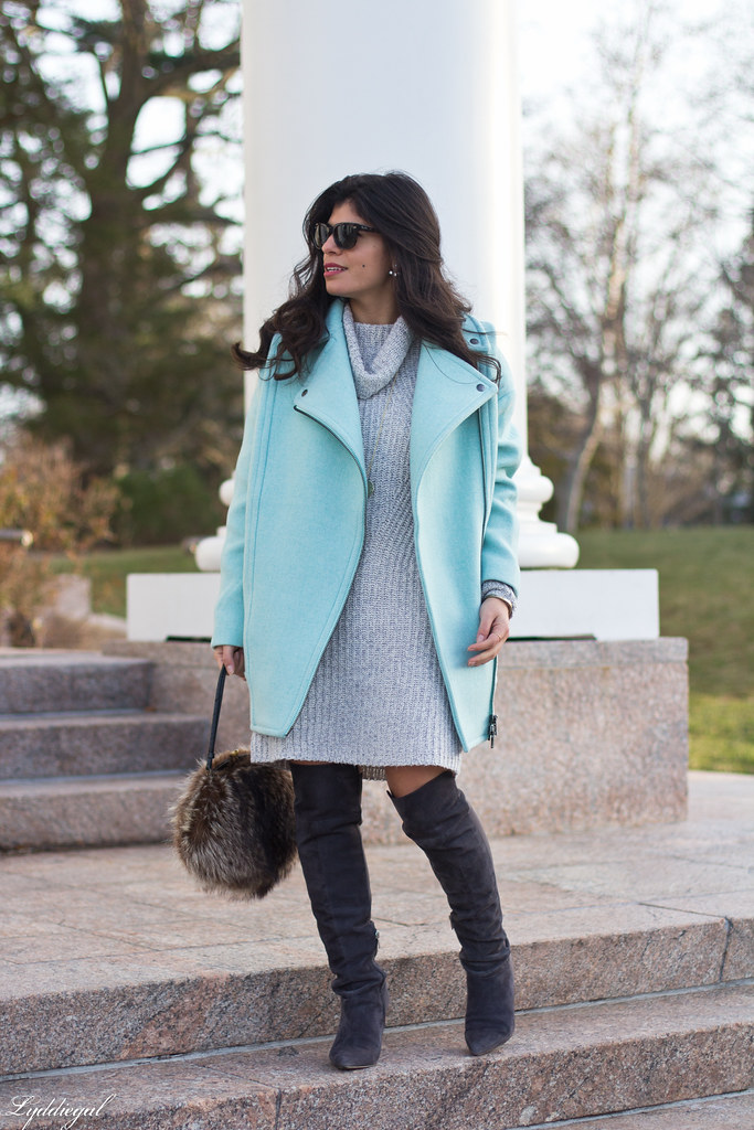 grey sweater dress, over the knee boots, fur bag.jpg | Flickr