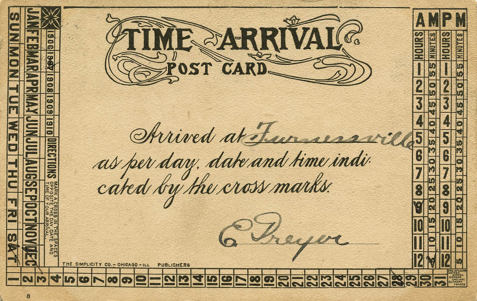 Time Arrival Post Card, 1907 - Furnessville, Indiana