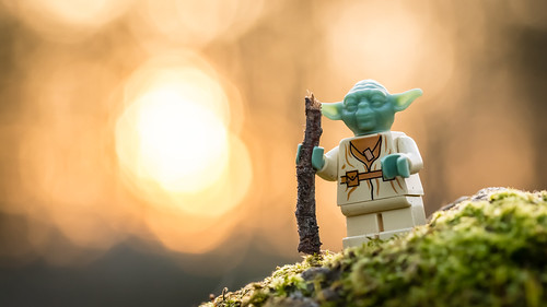 bokeh forest lego minifig minifigure outdoor starwars sun sunset toy yoda