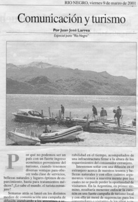 comunicación en el turismo
Publicación en Diario Rio Negro.
Viernes 9 de marzo de 2001. 