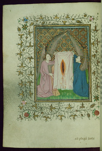 Book of Hours (Cistercian), Bleeding wound on cloth held by two kneeling angels, Walters Manuscript W.218, fol. 28v | by Walters Art Museum Illuminated Manuscripts