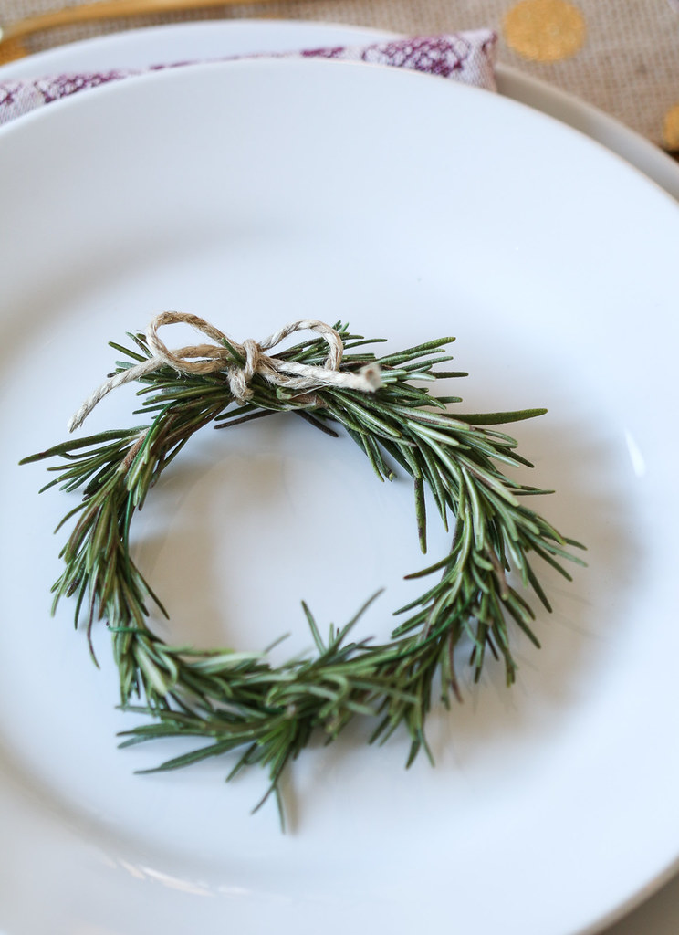 thanksgiving table miniature rosemary wreath decoration on a plate