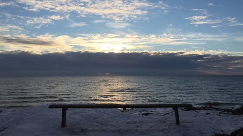 Through the looking glass, ocean winter sunset snow water glass clouds bench looking view sweden through halland