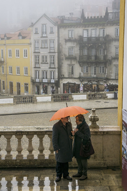 People with umbrella in town of Sintra, Portugal
