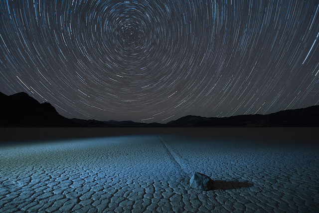 Star Trails over the Racetrack Playa moving stones, Death Valley National Park, California