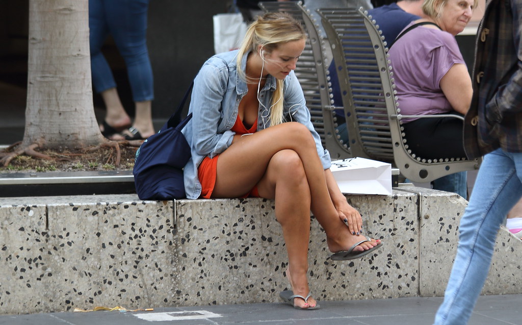 orange, woman, feet, shopping, sitting, dress, legs, sandals, candid, blond...