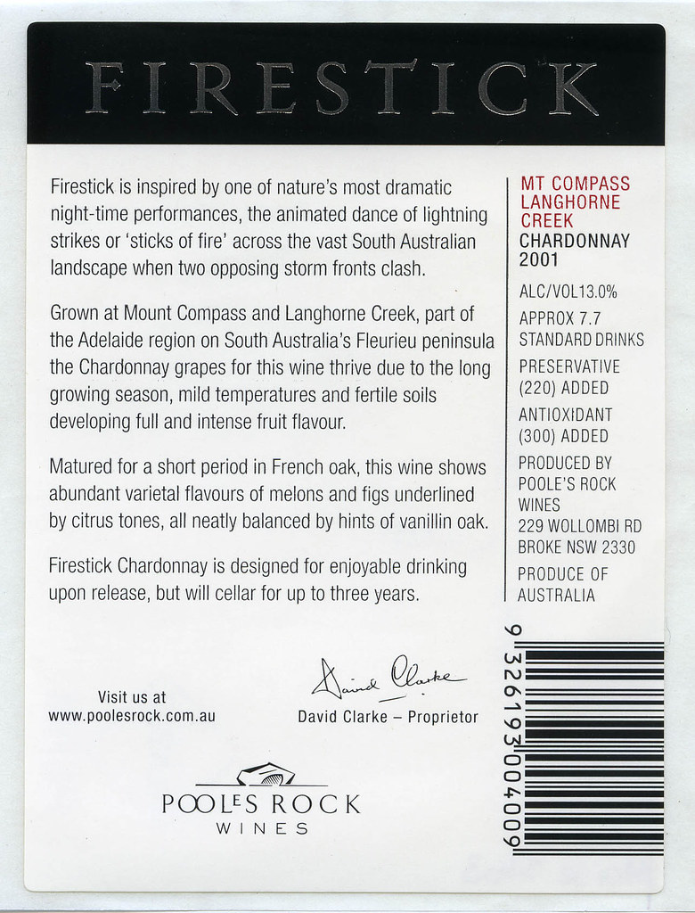 Pooles Rock Wines Label (2001)