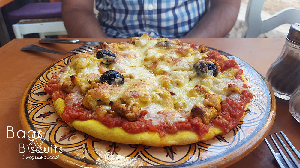 Moroccan Pizza from a little cafe in Tamraght that wrecked havoc on David's system