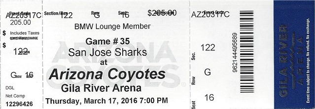March 17, 2016, San Jose Sharks vs Arizona Coyotes, Gila River Arena, Phoenix, Arizona - Ticket Stub