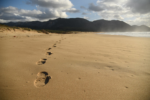 morning sea italy mountain beach clouds landscape coast seaside sand sardinia traces footprints shore portixeddu sargdena