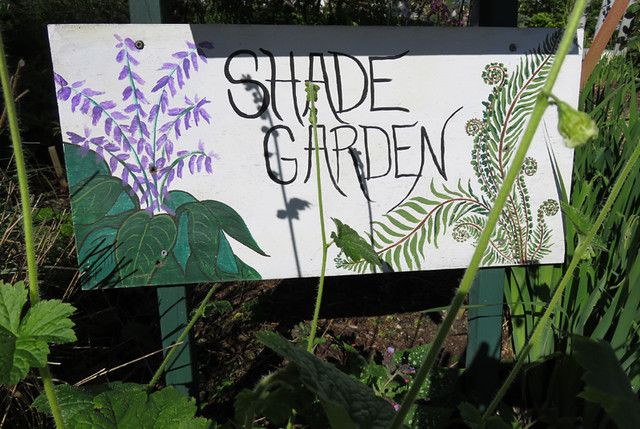 A 'Shade Garden' sign at the Washington State University Discovery Gardens near Mt. Verson, Washington