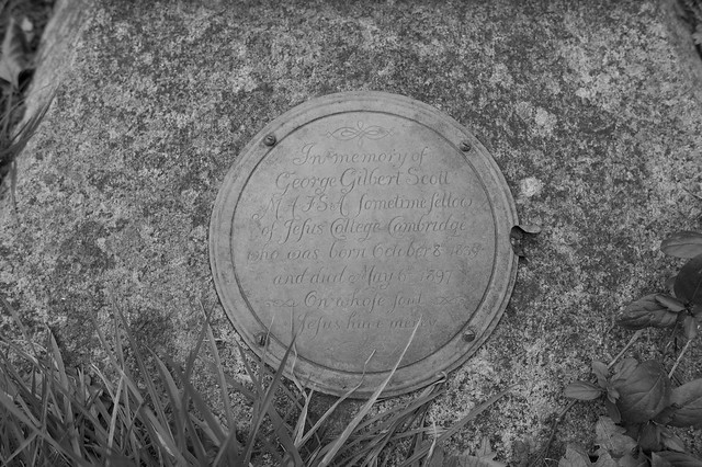 Copper plaque on the grave of George Gilbert Scott, junior