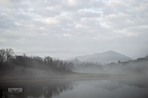 morning trees sky mountains water fog clouds river landscape gray