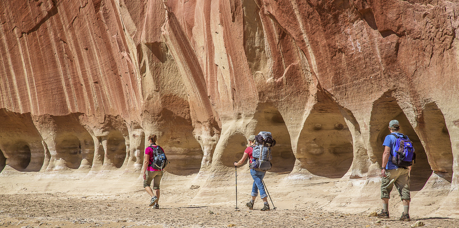 Three people hike at Vermilion Cliffs National Monument