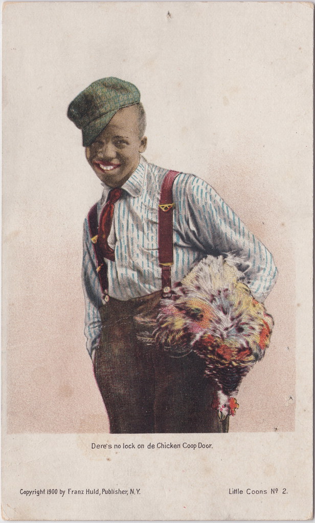 Black Americana Antique Postcard 1900 DERE'S NO LOCK ON DE CHICKEN COOP DOOR Thieving Chicken Stealing Boy with stolen Chicken LITTLE COONS SERIES No2 Publisher Franz Huld NY