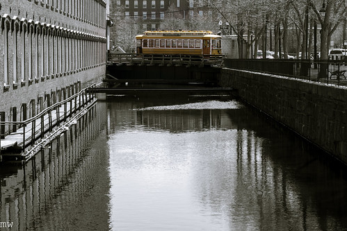 city bw yellow canal trolley massachusetts lowell boottmills