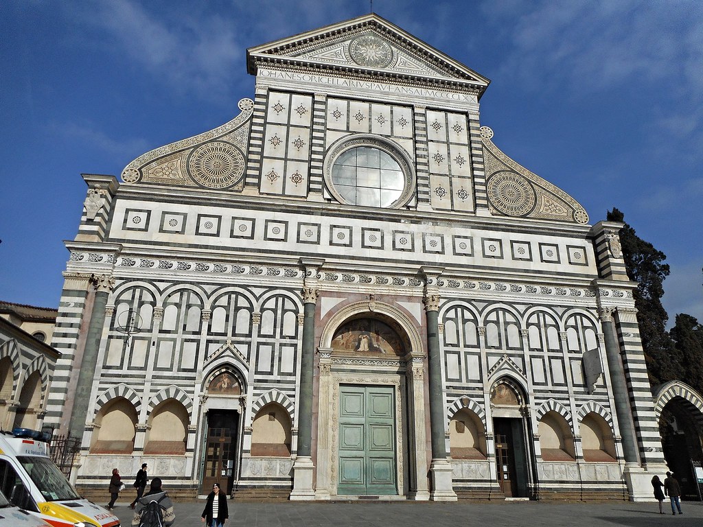 Façade (lower side: end 13Th-half 14th century; portal and upper side (after 1458) by Leon Battista Alberti (Genova 1404-Rome 1472) - Santa Maria Novella Church in Florence